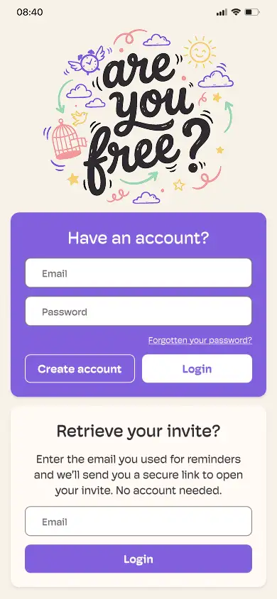 Organiser login screen